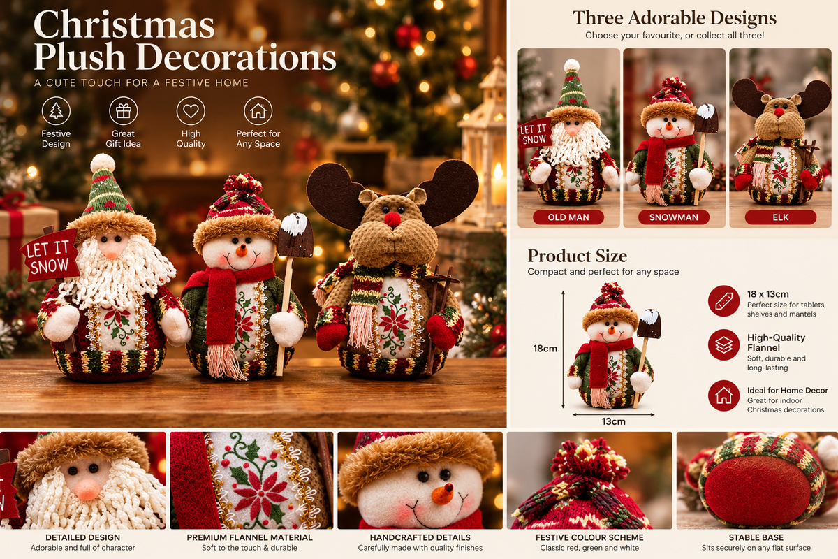 Santa, snowman and reindeer plush decorations: 18 by 13 cm, soft flannel, knitted hats and poinsettia jumpers, with close-ups of the stitching and stable base